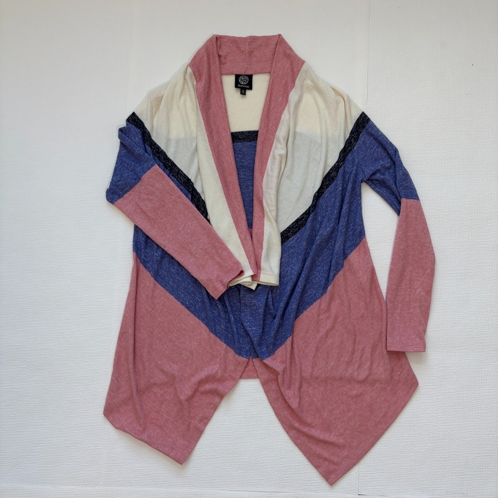Bobeau Cardigan Colorblock Waterfall Draped Open Front Medium Pink Blue White
